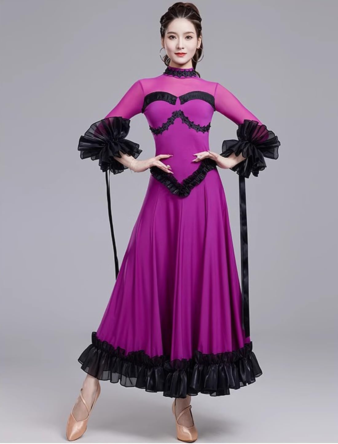 RIKOUZY] 社交ダンス衣装 ドレス ハイネック 立体なフリル袖 モダン